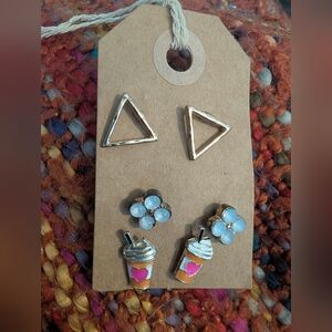 Gold Triangle, White Flower & Pink Heart Drink Stud Earring Set